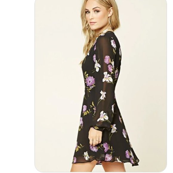 *Forever 21 Black & Purple Floral Print Regular Fit A Line Dress - Picture 4 of 10